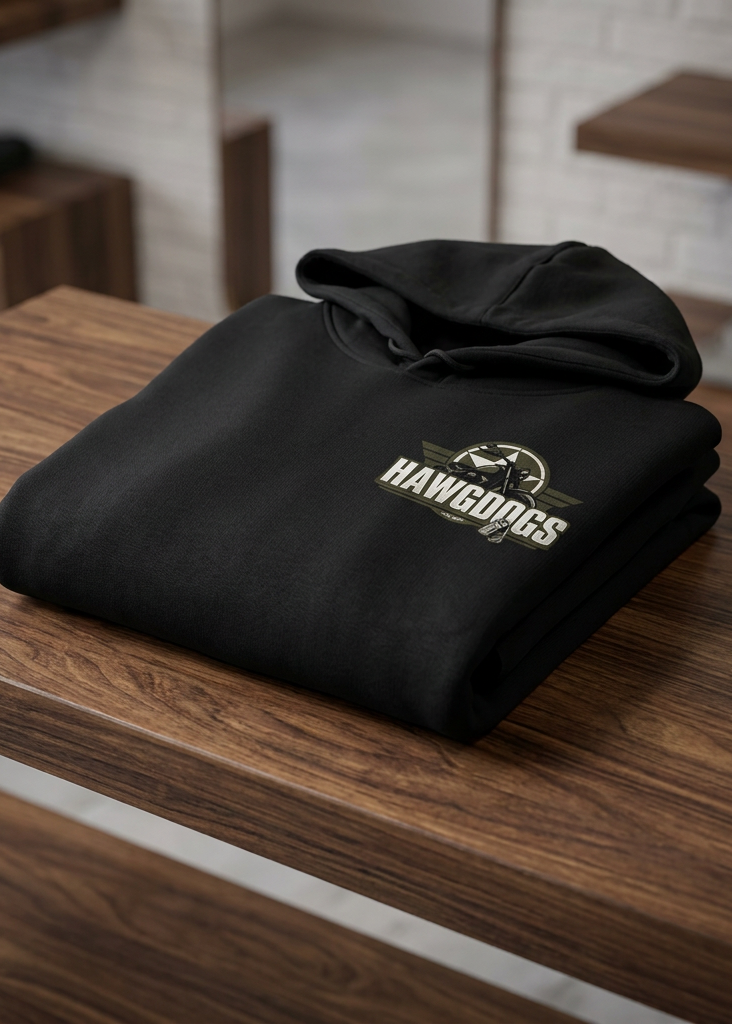 Back of the white HawgDogs Might of The Republic Rear Print Men's Hoodie on a wooden hanger
