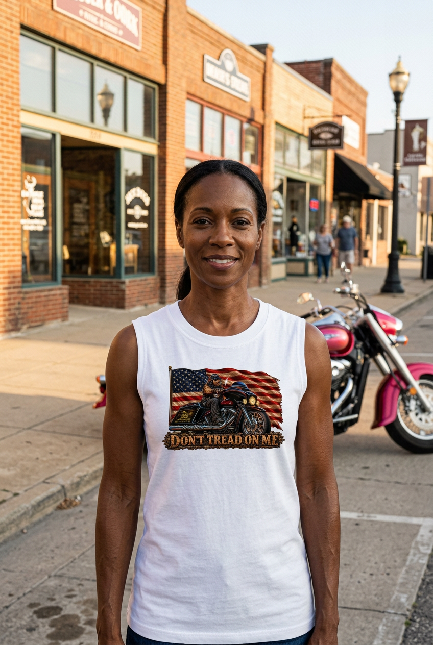 Woman in the white Don't Tread Doggo women's crewneck tank on main street