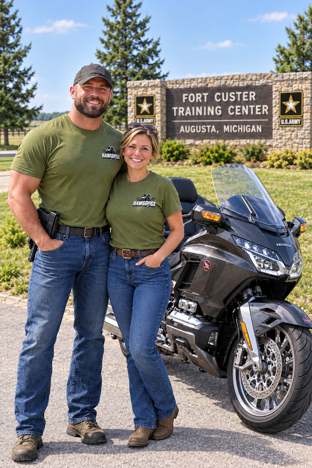 Couple in military green Might of The Republic tees at Fort Custer Training Center