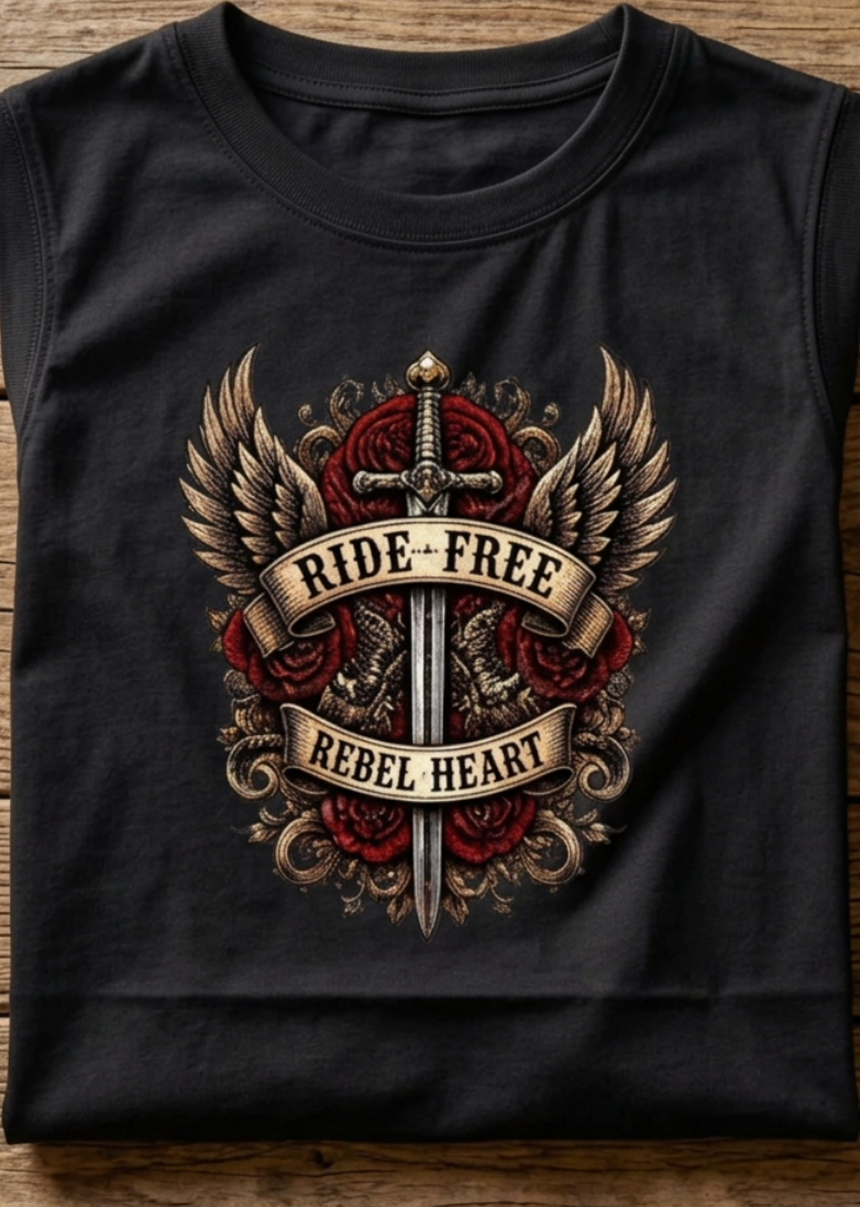 Front of the black Rebel Heart women's crewneck tank with the Rebel Heart winged badge, laid flat on a wooden table