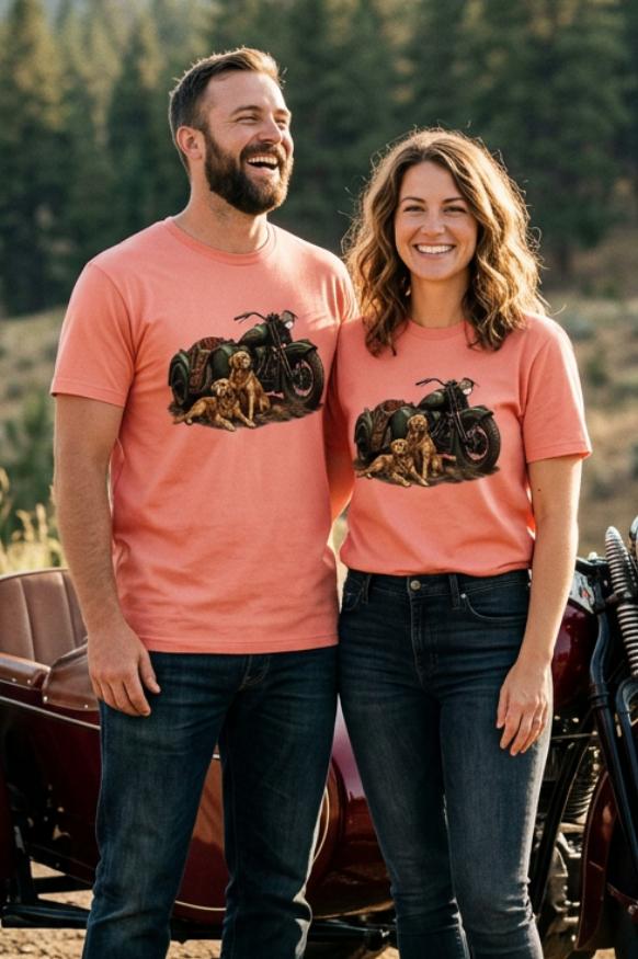 Front of the Pink HawgDogs Golden Hour tee with two golden retrievers resting beside a vintage green motorcycle and sidecar