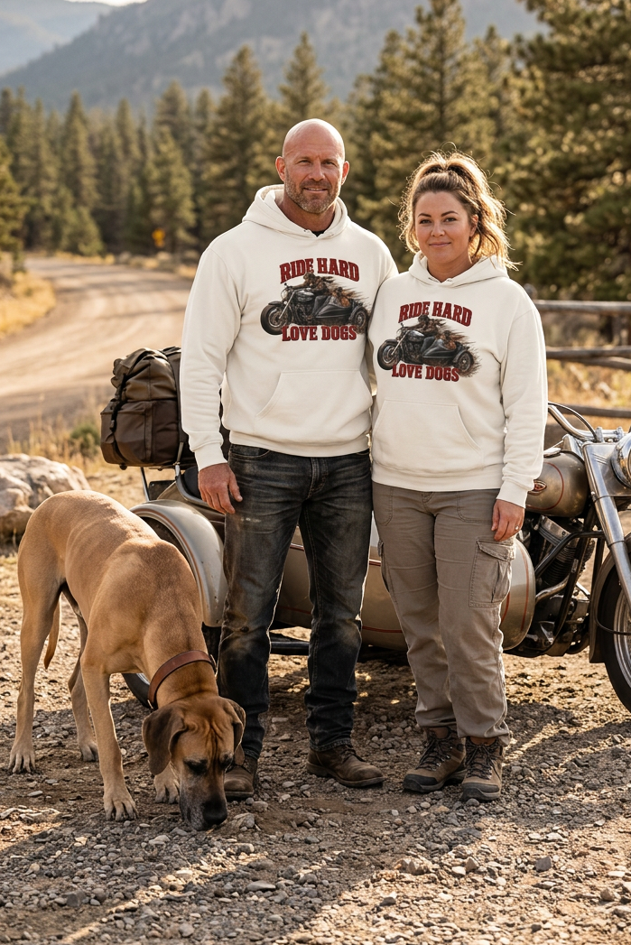 Couple in white Ride Hard & Love Dogs hoodies with their dogs and motorcycle