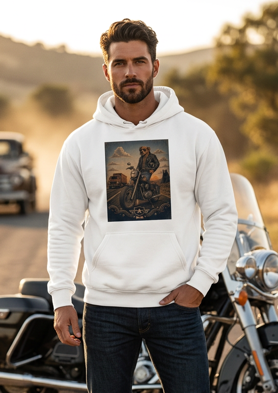 Close-up of the Keep on Bikin' vintage biker dog graphic on the front of the white hoodie