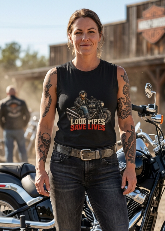 Woman in the black Loud Pipes Save Lives women's crewneck tank top standing in front of motorcycles