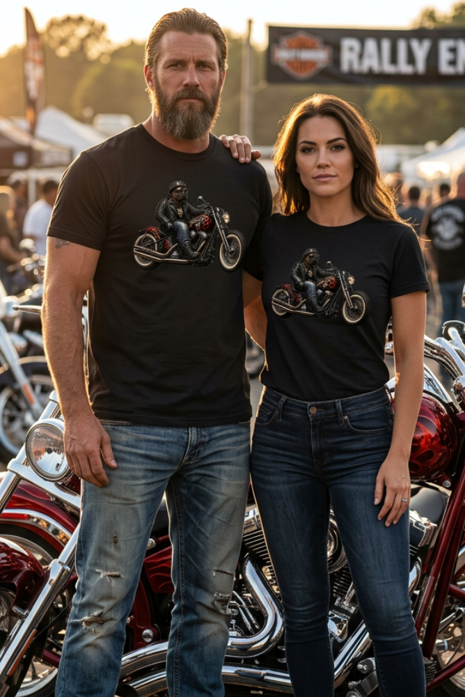 Front of the Classic Black HawgDogs Bulldog tee with a bulldog in a leather jacket and goggles riding a black motorcycle with red flames on the tank