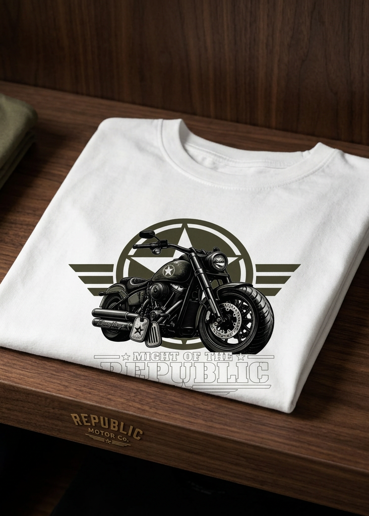 Front of the white Might of The Republic men's tank top with the winged star and dog tags graphic, laid flat on a wooden table