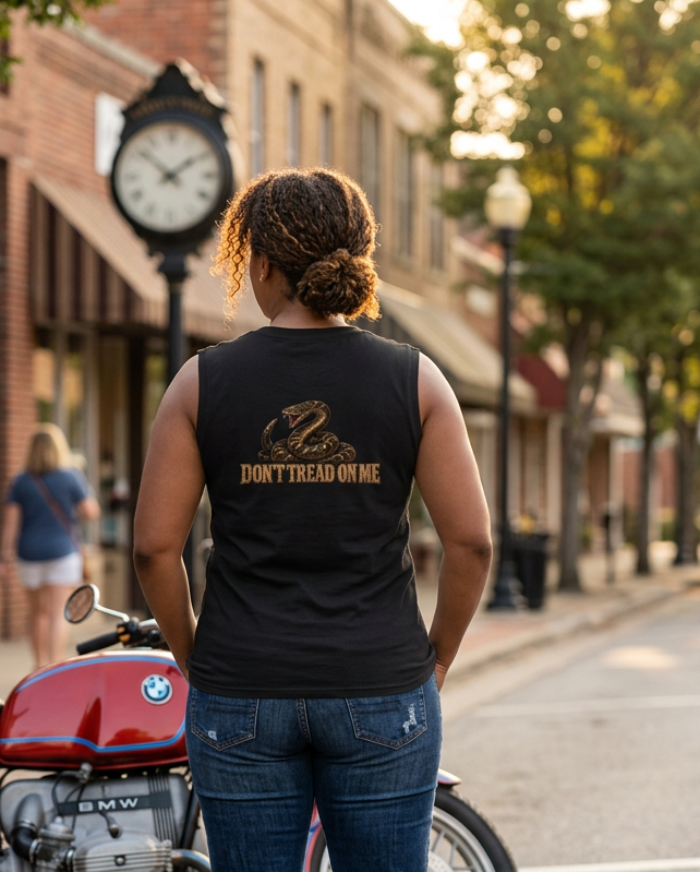 Back of the black Don't Tread Doggo women's crewneck tank with the coiled snake graphic