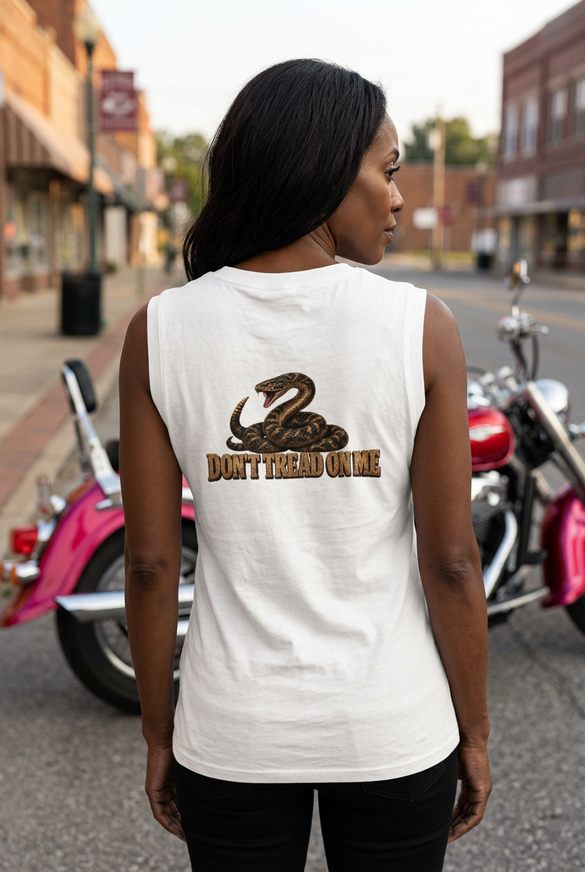 Back of the white Don't Tread Doggo women's crewneck tank with the coiled snake graphic