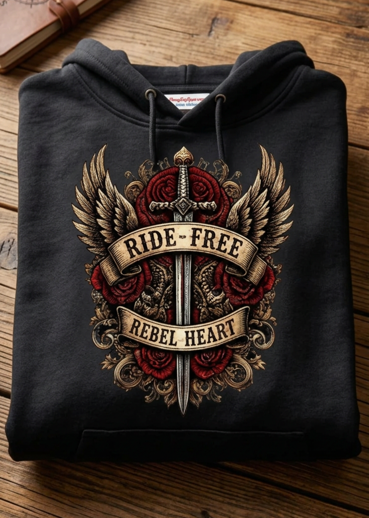 Front of the black Rebel Heart women's premium hoodie with the Rebel Heart winged badge, laid flat on a wooden table