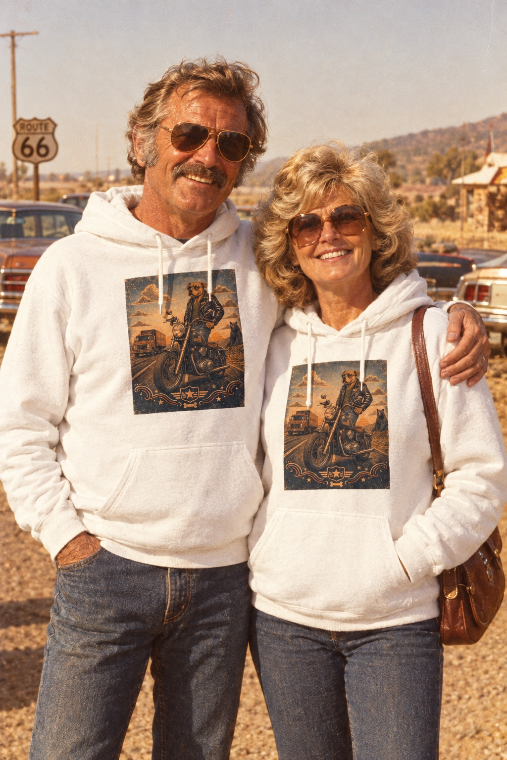 Couple in white Keep on Bikin' premium hoodies with a motorcycle by the water