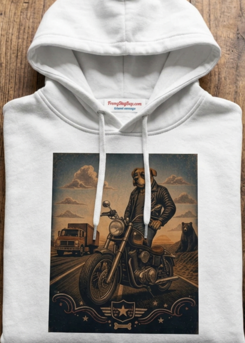 Front of the white Keep on Bikin' premium hoodie with the Keep on Bikin' rider graphic, laid flat on a wooden table