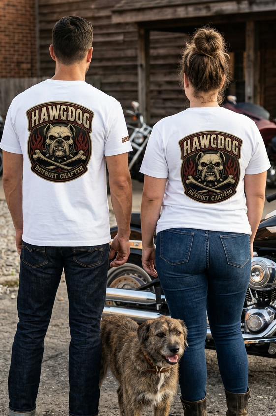 Back of a couple in white Ride Hard & Love Dogs tees with the HawgDog Detroit Chapter graphic and their dog