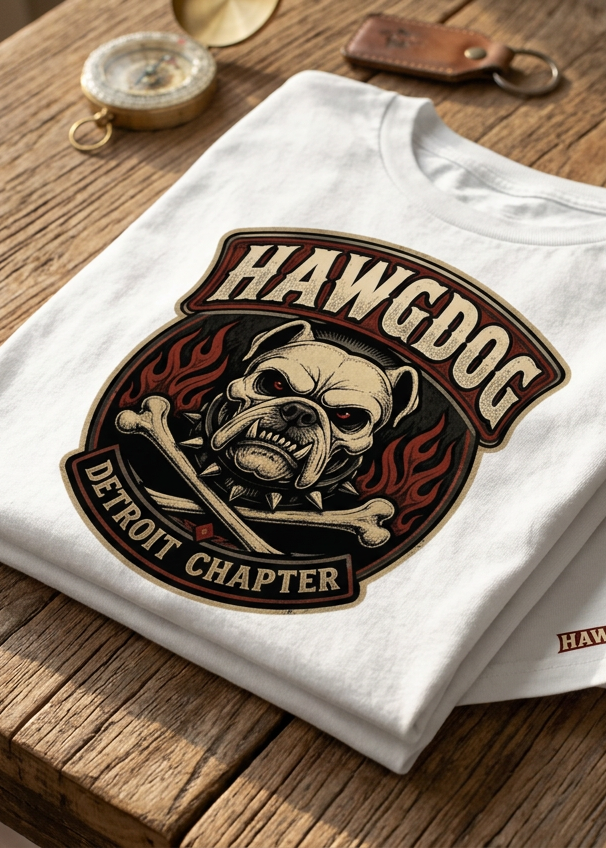 Back of the white Ride Hard & Love Dogs tee with the HawgDog Detroit Chapter bulldog graphic, folded on a wooden table