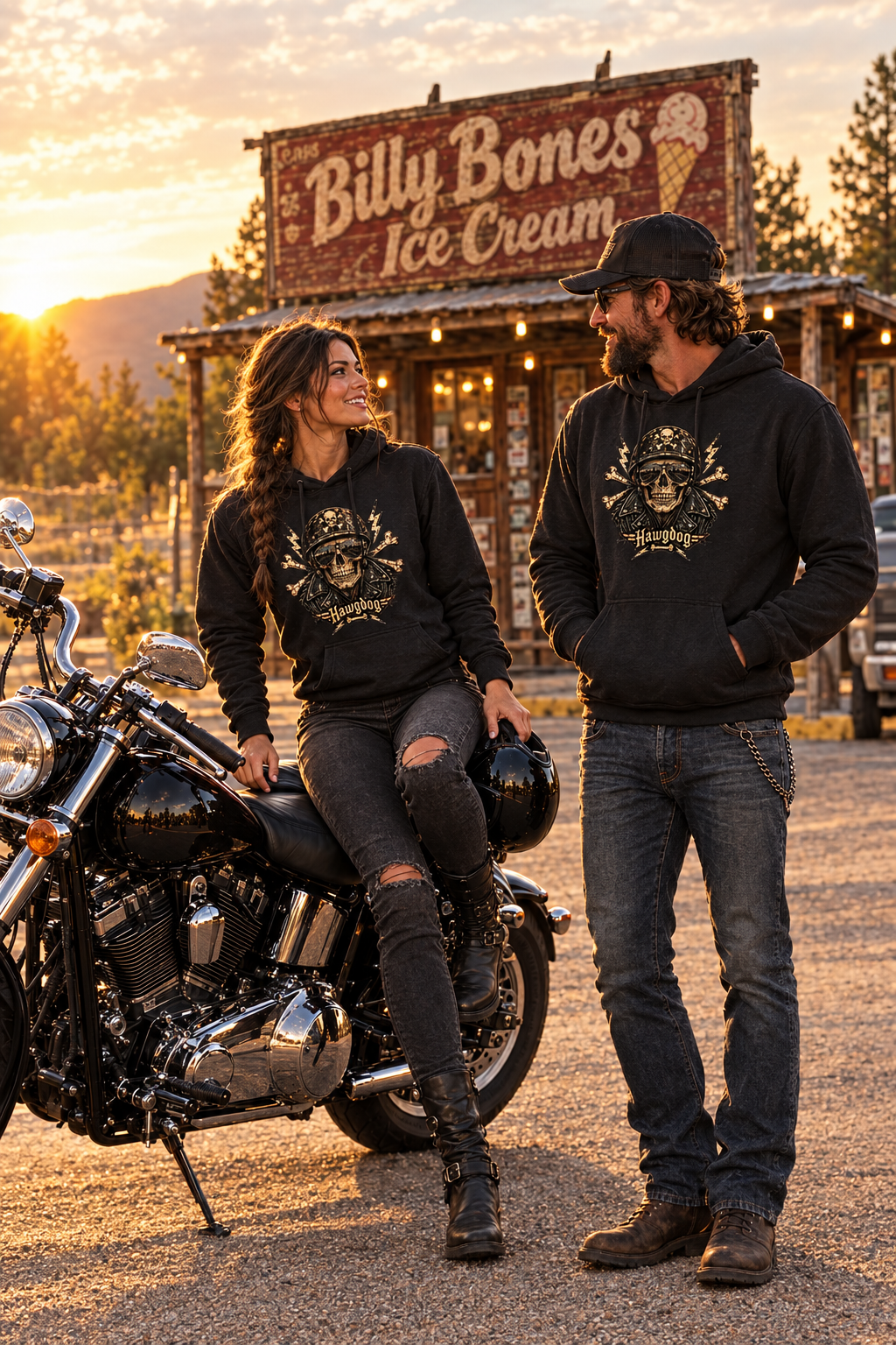 Couple in black Billy Bones hoodies with a motorcycle in a western town