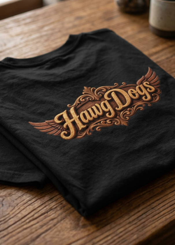 Back of the navy Totem Pooch tee with the HawgDogs logo, folded on a wooden table