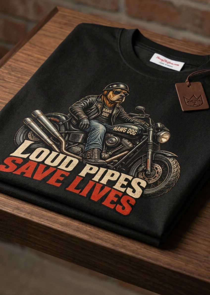Loud Pipes Save Lives men's tee shirt by HawgDog Gear, black, front