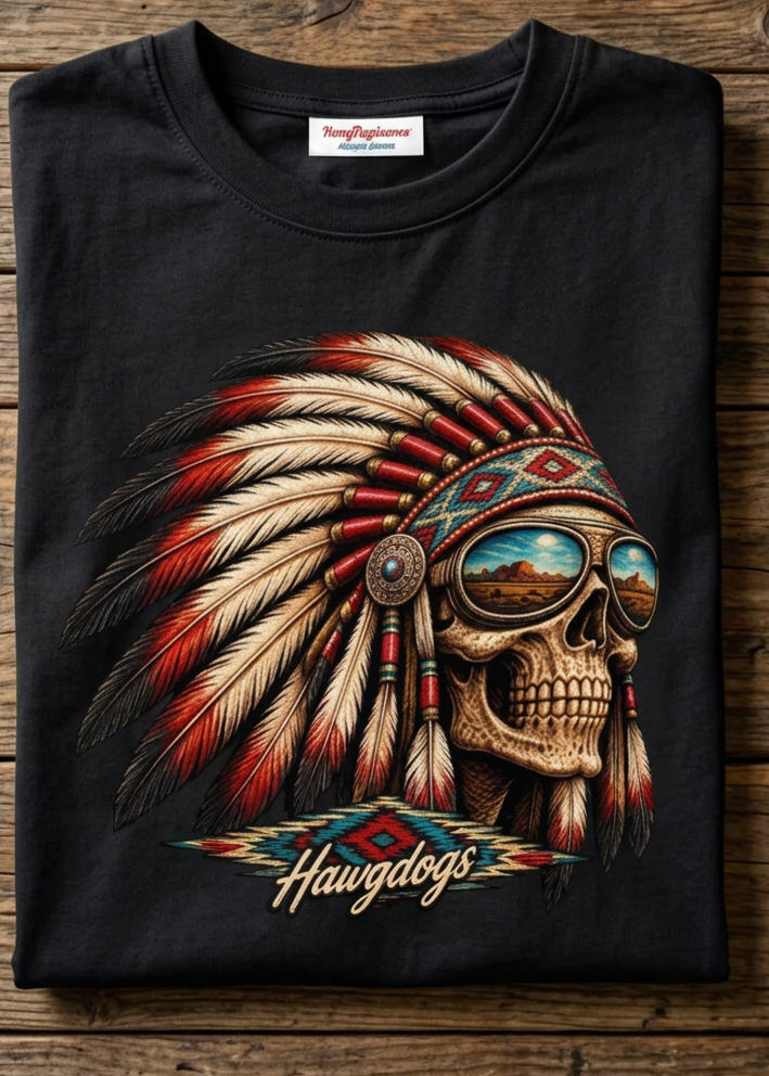 Front of the black Thunderhead tee with the headdress bulldog graphic, laid flat on a wooden table