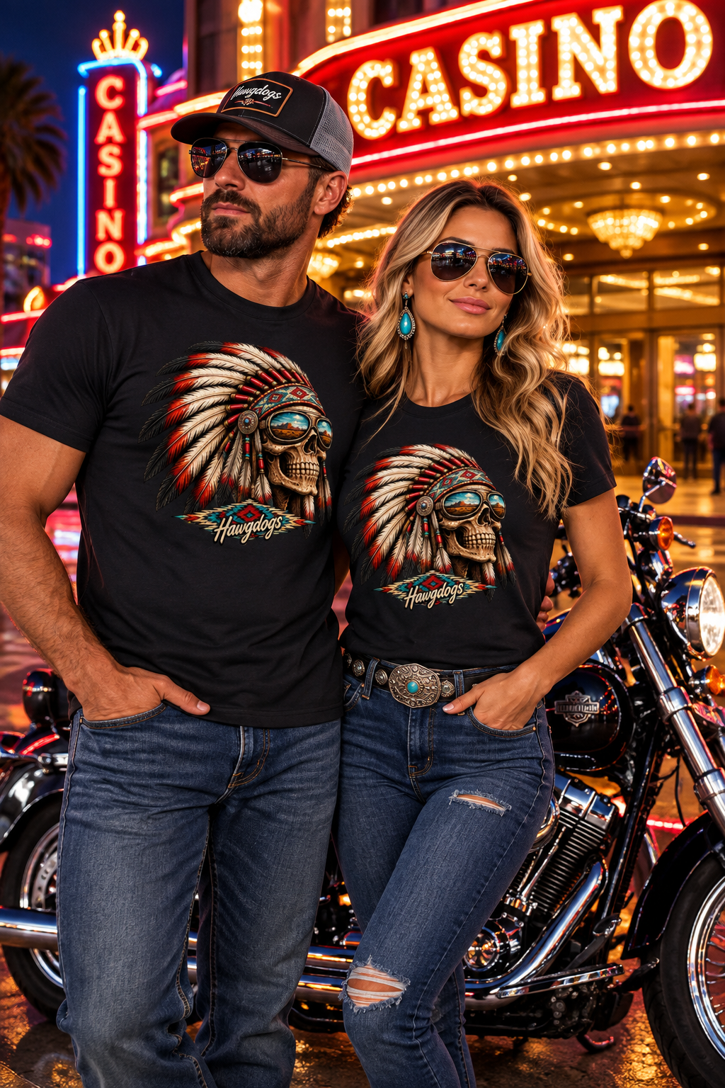 Thunderhead men's tee shirt by HawgDog Gear, black, front, worn by a rider couple