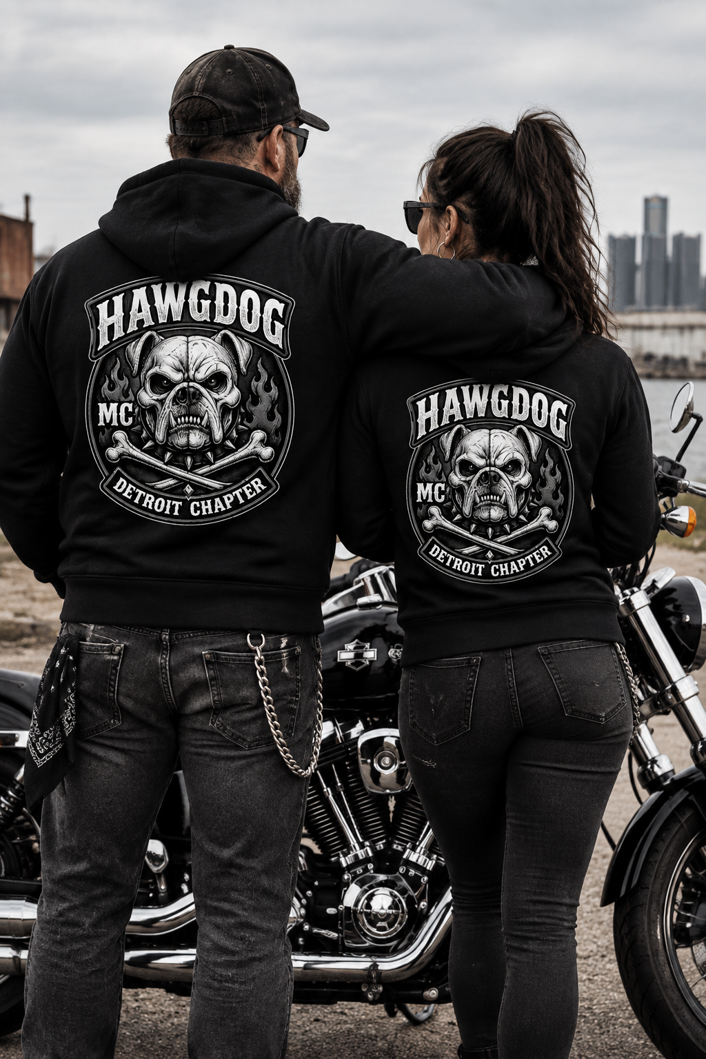 Back of black Thunderhead hoodies with the HawgDog skull graphic