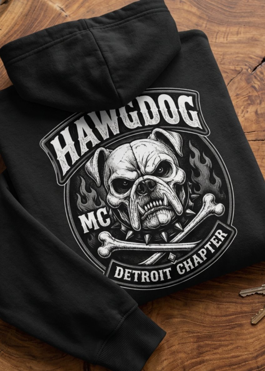 Back of the black Thunderhead hoodie with the HawgDog skull graphic, folded on a wooden table