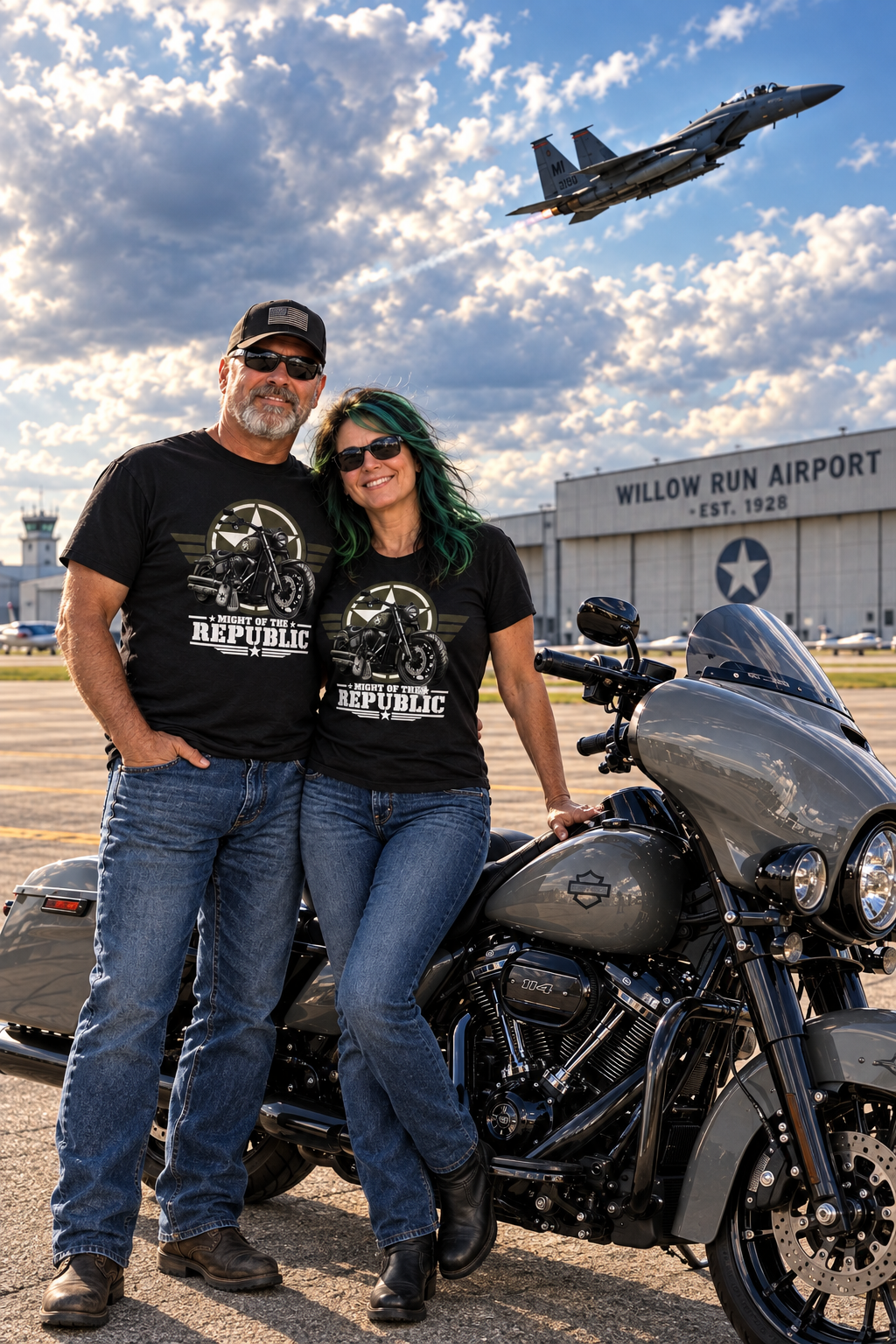 Couple in black Might of The Republic tees with a motorcycle at an air base
