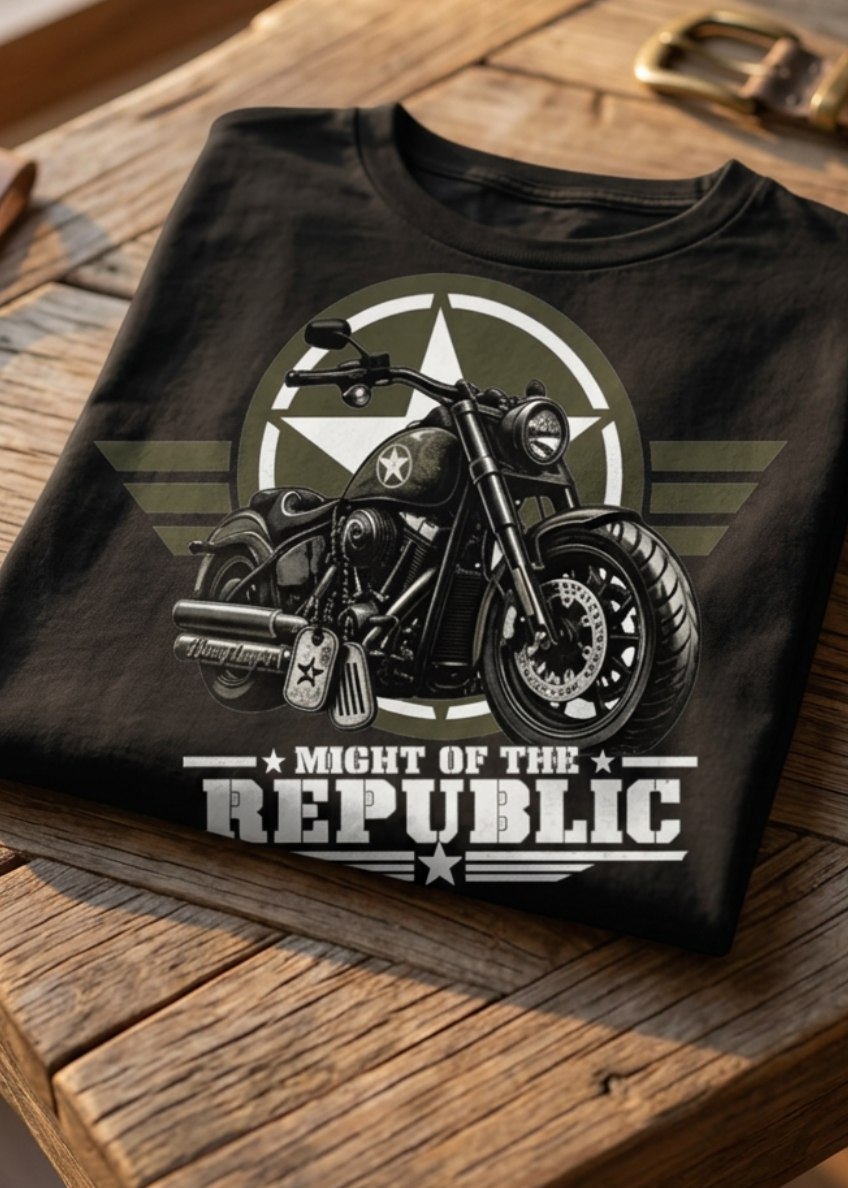 Front of the black Might of The Republic tee with the star and motorcycle graphic, laid flat on a wooden table