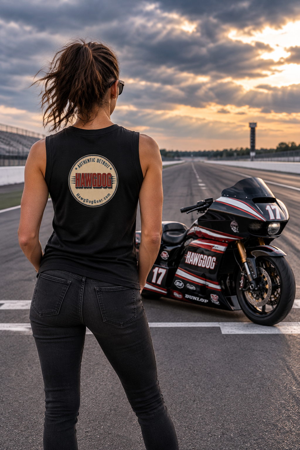Back of the black Bagger Dogs women's crewneck tank with the Authentic Detroit patch