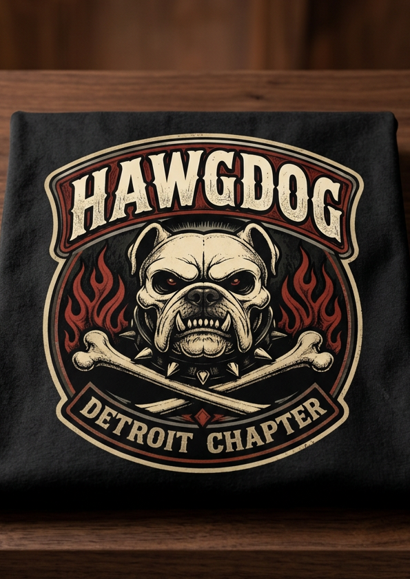 Back of the black Ride Hard & Love Dogs men's tank top with the HawgDog skull Detroit patch, folded on a wooden table