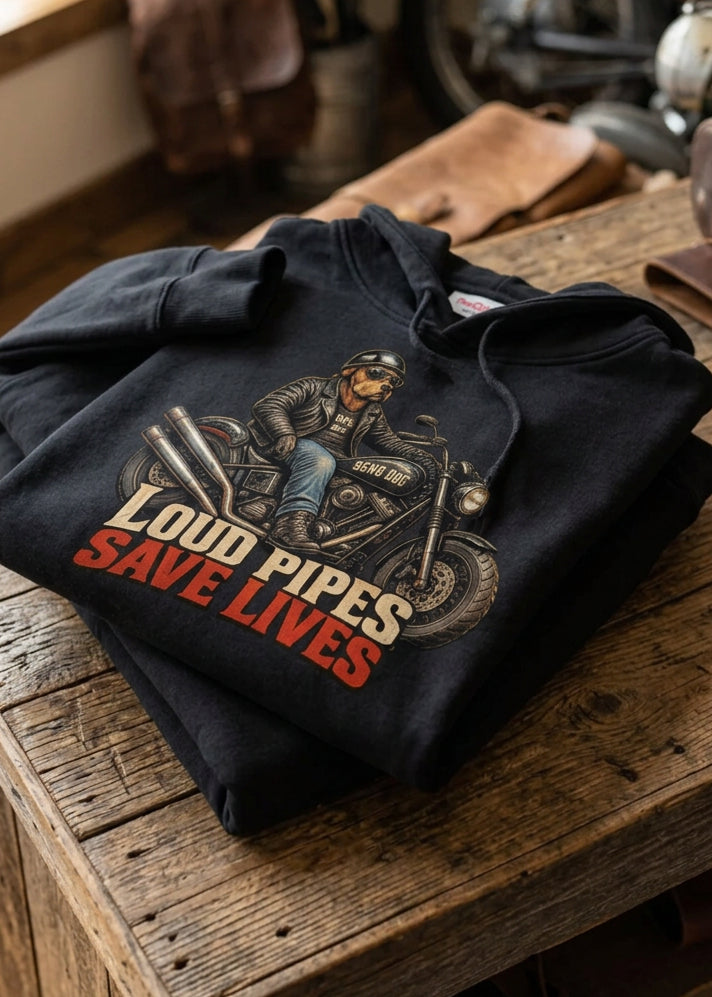 Front of the white HawgDogs Loud Pipes Save Lives Men's Hoodie showing the custom motorcycle graphic