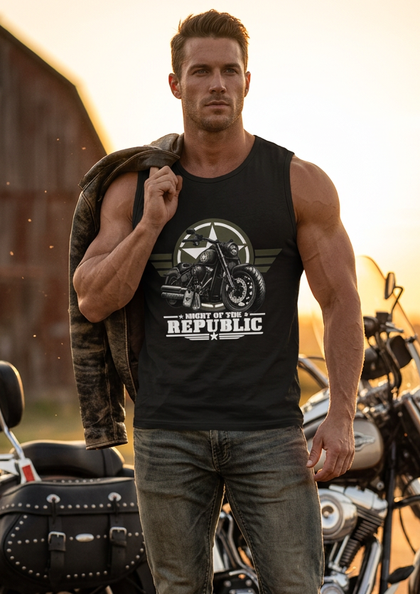 Man in the black Might of The Republic men's tank top with the winged star and dog tags chest graphic