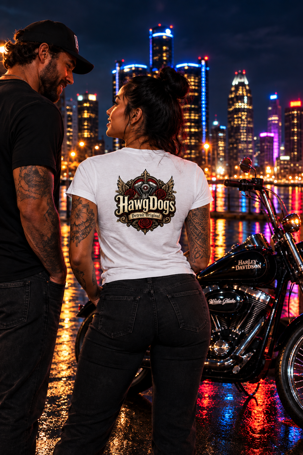 Back of the white Rebel Heart women's tee on a woman with a rider at night