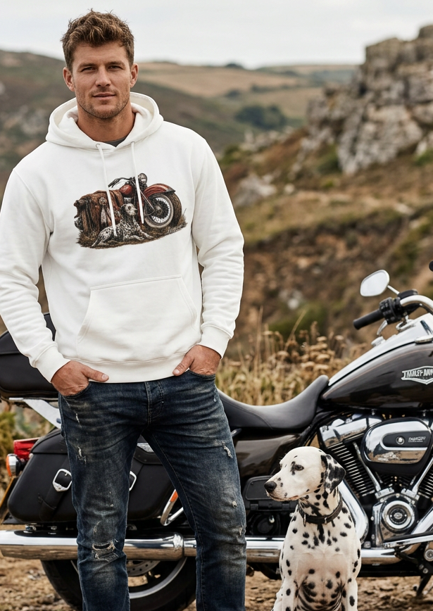 Close-up of the Dal-Life Dalmatian biker woodcut-style front graphic on the white hoodie