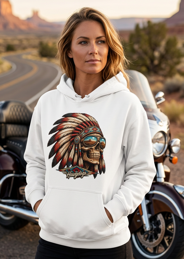Woman by a motorcycle wearing the white HawgDogs Thunderhead Ultimate Fleece-147 Hoodie showing the front war-bonnet skull graphic