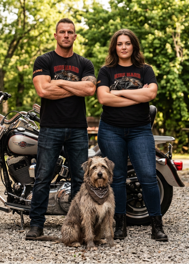 Couple in black Ride Hard & Love Dogs tees with a shaggy dog in front of a motorcycle