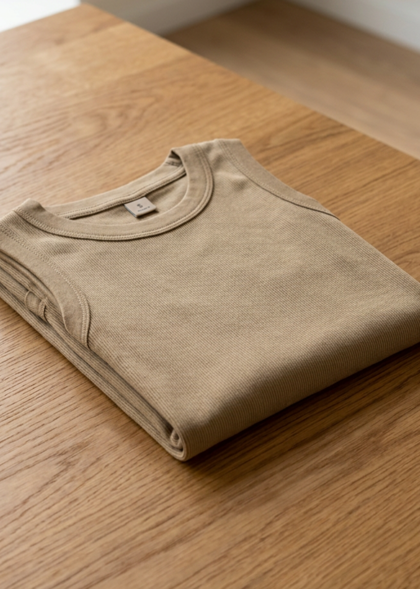Back of the khaki Keep on Bikin' women's crewneck tank, folded on a wooden table