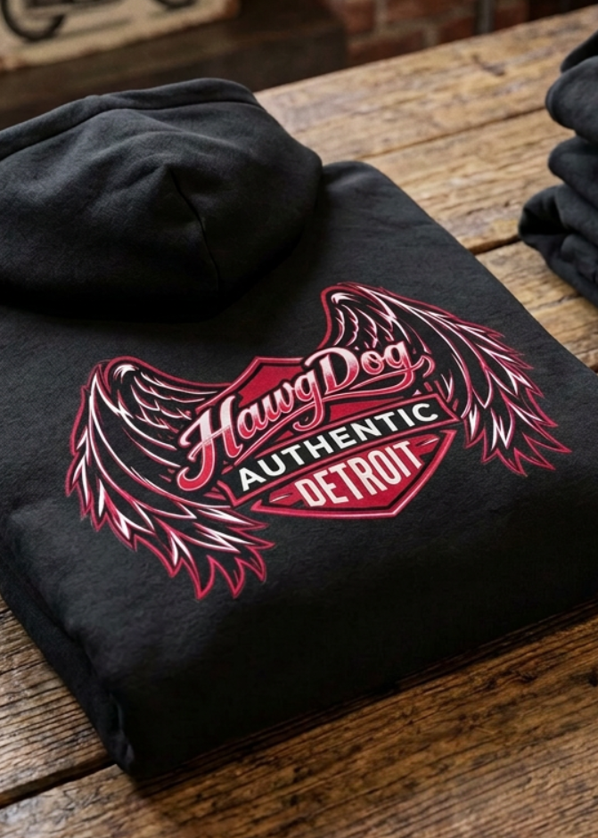 Back of the black Angel Skull women's hoodie with the pink winged HawgDog logo, folded on a wooden table