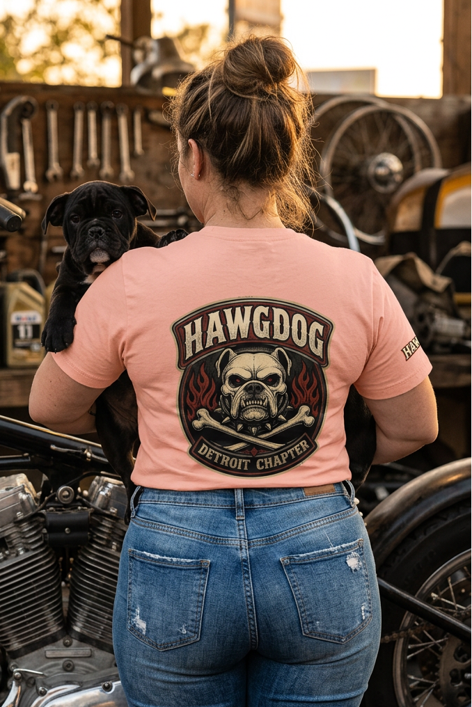 Back of the pink Ride Hard & Love Dogs tee with the HawgDog Detroit Chapter graphic on a woman with her dog
