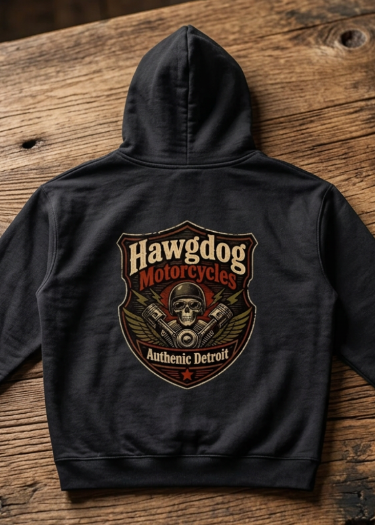 Back of the black No-One Rides for Free hoodie with the Hawgdog Motorcycles graphic, folded on a wooden table