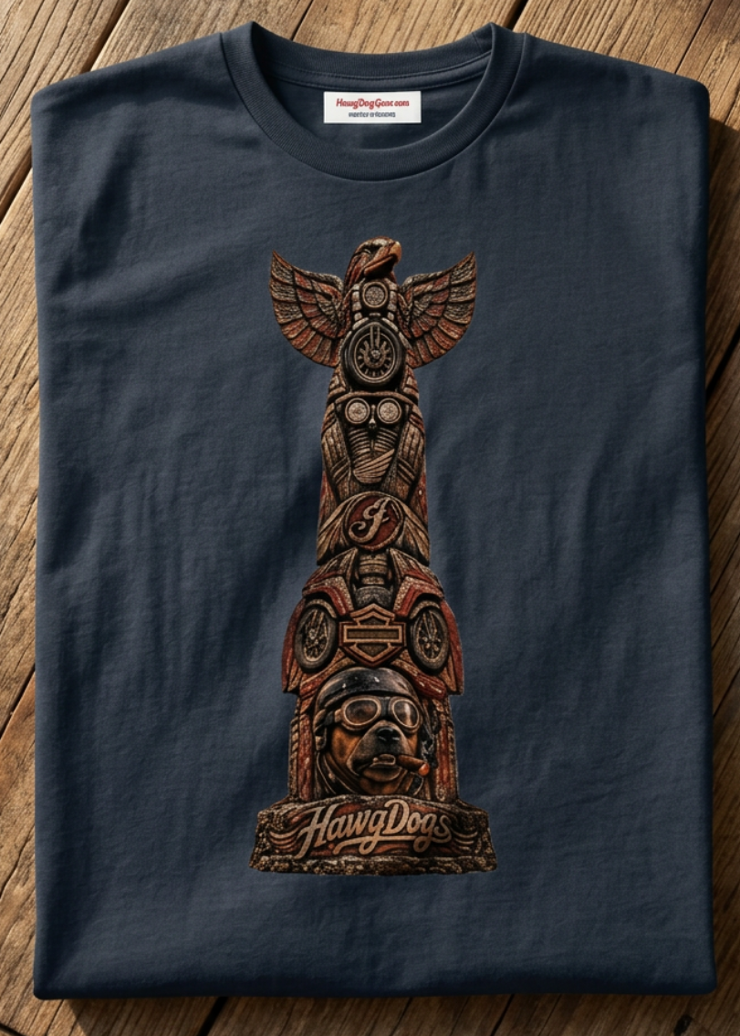 Front of the navy Totem Pooch tee with the dog totem pole graphic, laid flat on a wooden table