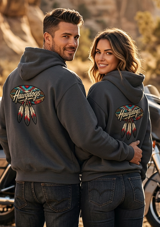 Back view of a couple wearing charcoal gray HawgDogs Thunderhead Ultimate Fleece-147 Hoodies with the HawgDog MC Detroit Chapter graphic