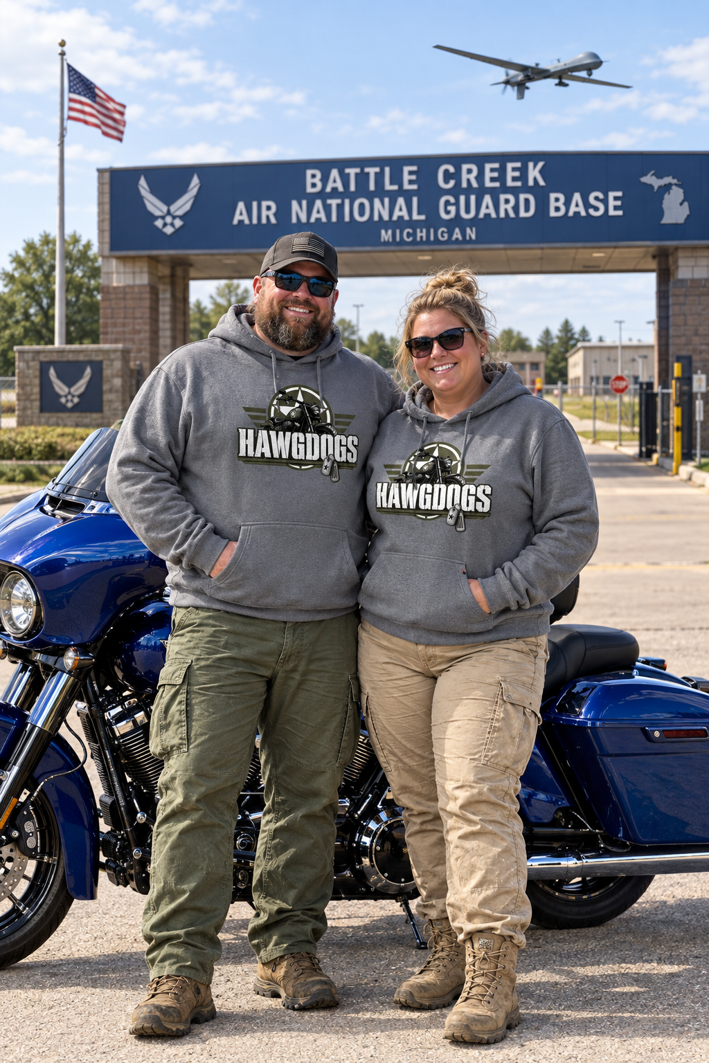 Couple in gray Might of The Republic premium hoodies at Battle Creek Air National Guard Base