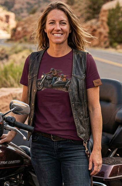 Woman wearing the Grape Purple HawgDogs Side Hustle tee and a leather vest beside a touring motorcycle with a black and white dog