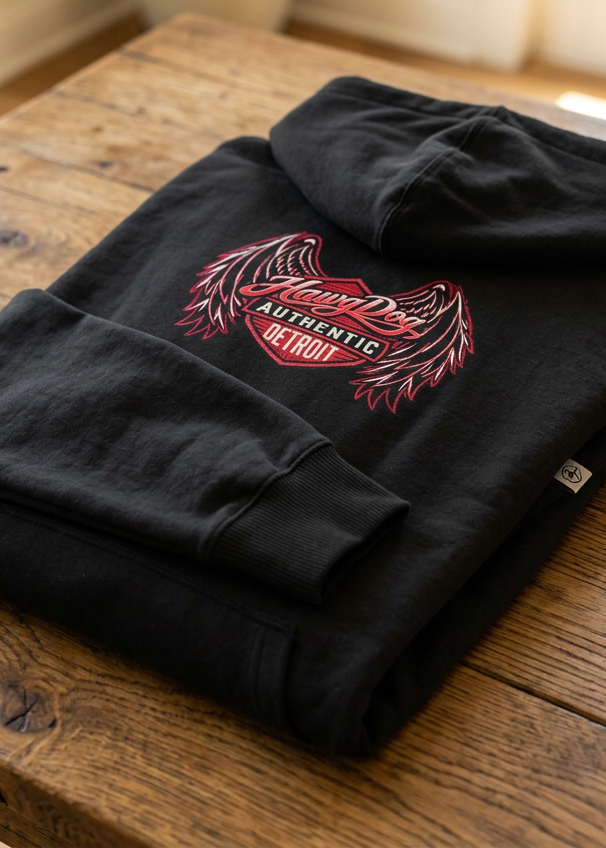 Back of the black Just A Girl Who Likes Motorcycles women's premium hoodie, folded on a wooden table