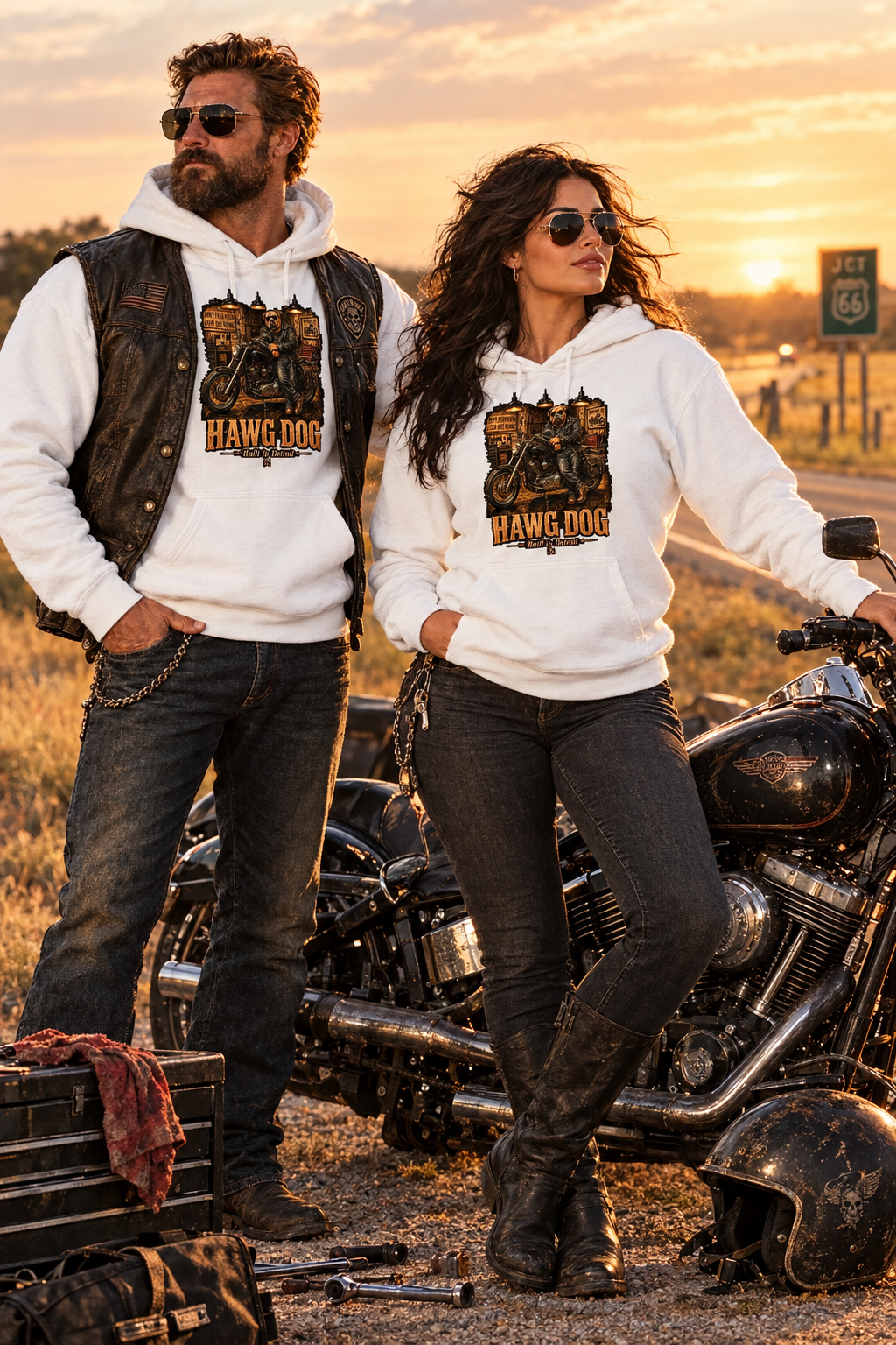 Couple in white Don't Fear Death, Fear Not Living hoodies with a motorcycle in the hills