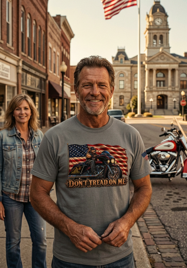 Man in the gray Don't Tread Doggo tee with the flag biker graphic on main street