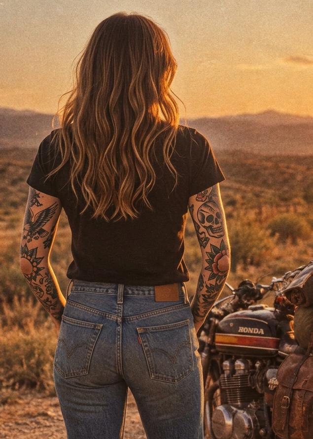 Back of the black Keep on Bikin' tee on a rider watching a desert sunset