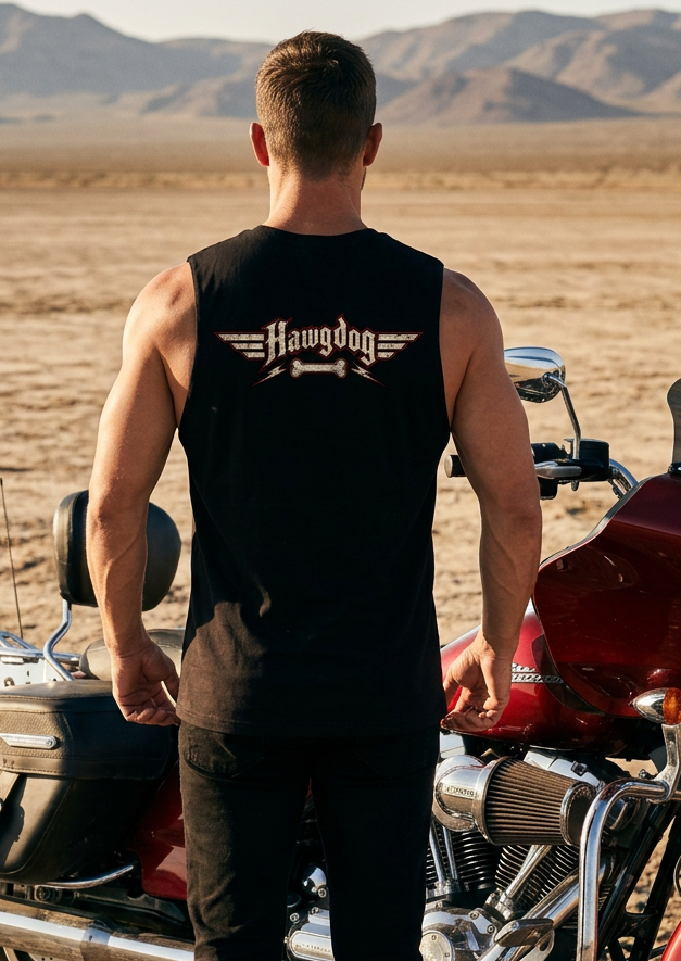 Back of the black Billy Bones men's tank top with the winged HawgDog Brand logo