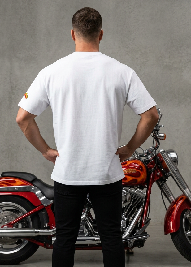 Wild Wheelie men's tee shirt by HawgDog Gear, white, back