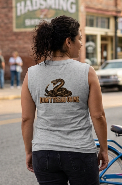 Back of the gray Don't Tread Doggo women's crewneck tank with the coiled snake graphic