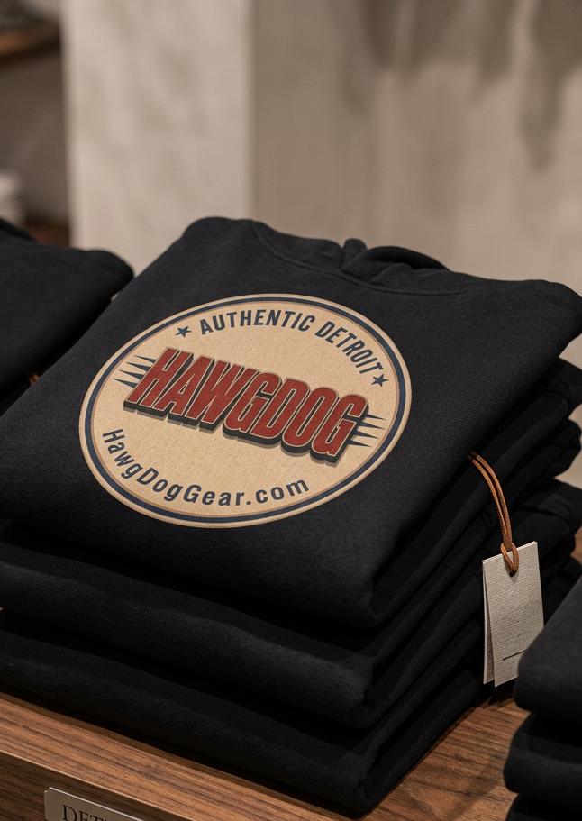 Back of the white HawgDogs Patriotic Pooch Men's Hoodie with the HawgDog Detroit emblem, folded on a wooden table